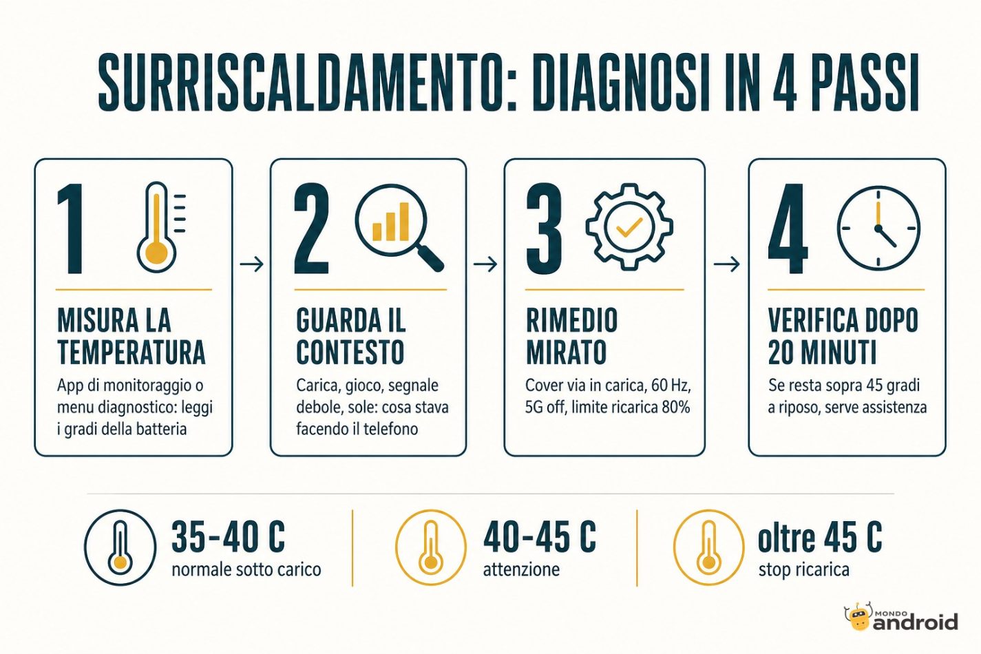 Surriscaldamento del telefono: diagnosi in 4 passi con soglie di temperatura