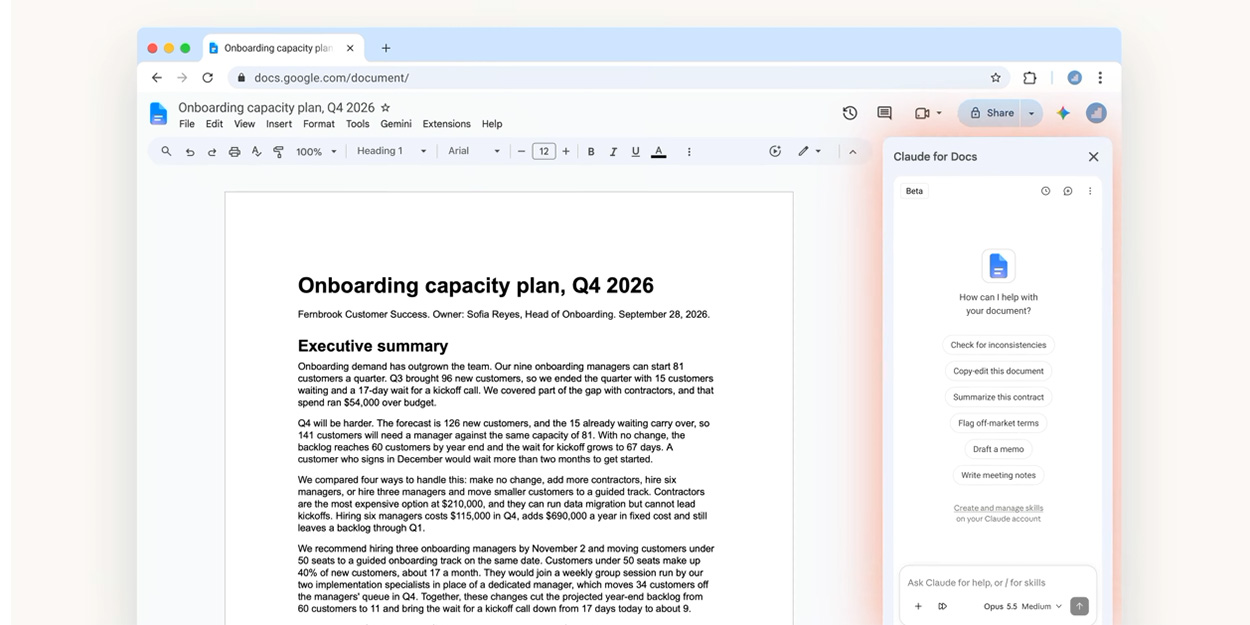 Claude integra Google Docs, Sheets e Slides con barra laterale e nuove funzioni