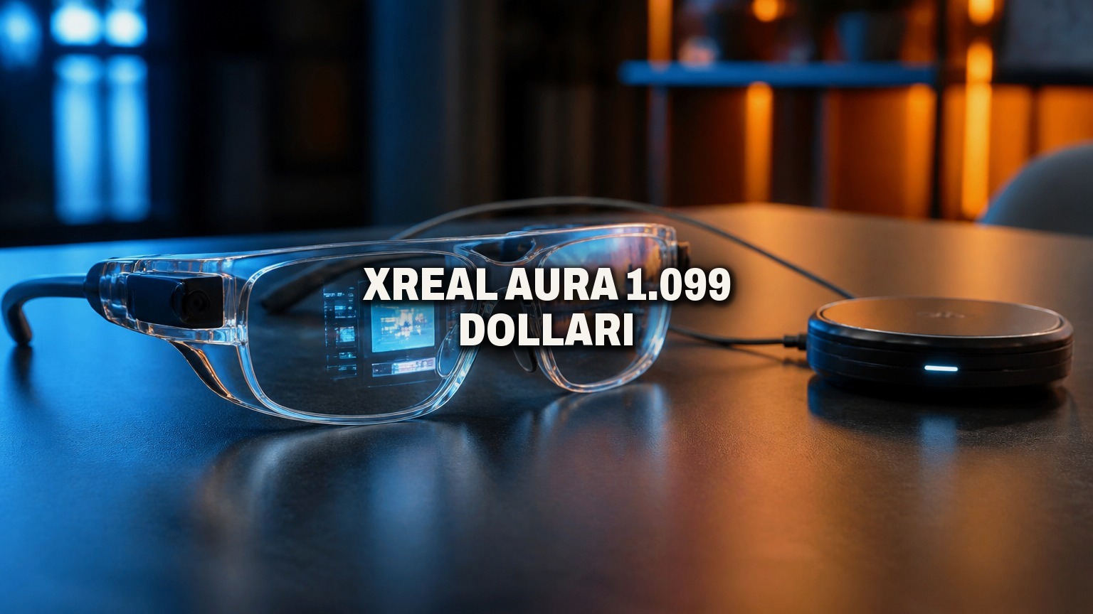 XREAL Aura, occhiali Android XR a 1.099 dollari: 95 grammi e un puck collegato via cavo